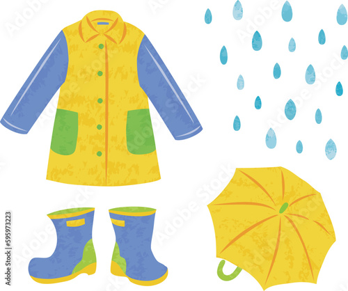 梅雨　レインコート　長靴　傘　イラストセット