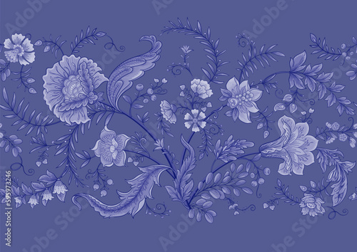 Fantasy flowers in retro, vintage, jacobean embroidery style. Seamless pattern, background. Vector illustration.