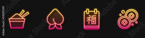 Set line Chinese New Year, ice bowl with chopstick, Peach fruit or nectarine and Yuan currency. Glowing neon icon. Vector