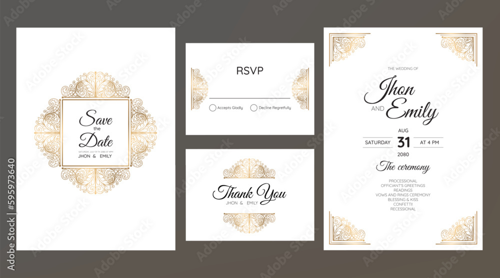 Gold vintage greeting card on a white background. Luxury ornament template