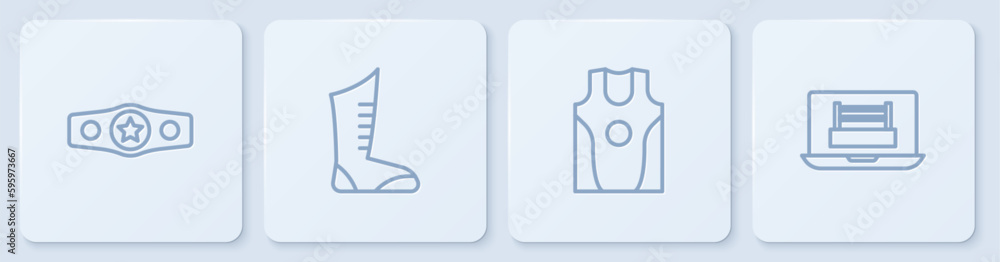 Set line Boxing belt, jersey and t-shirt, Sport boxing shoes and ring. White square button. Vector Set line Boxing belt, jersey and t-shirt, Sport boxing shoes and ring. White square button. Vector