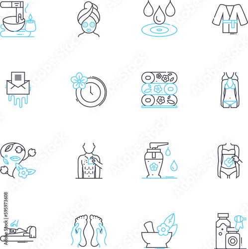 Massage therapy linear icons set. Relaxation, Healing, Stress-reduction, Pain-relief, Wellness, Rejuvenation, Revitalization line vector and concept signs. Muscle-tension,Circulation,Reflexology