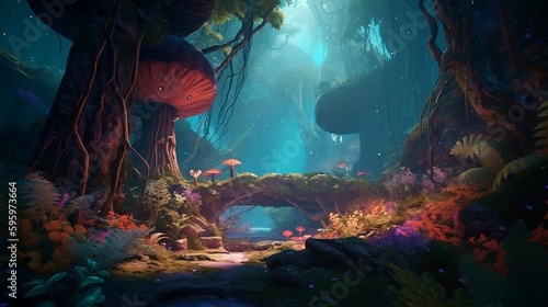 AI Generated Art of  Lost in the Enchanted Forest   a stunning fantasy landscape featuring a dense forest filled with magical creatures and ancient ruins
