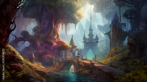 AI Generated Art of "Lost in the Enchanted Forest": a stunning fantasy landscape featuring a dense forest filled with magical creatures and ancient ruins © alhaitham