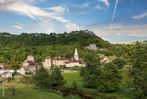 Baume-les-Messieurs (Bom-les-Messieurs or Bom-les-Messieurs) is part of the Association of the most beautiful villages in France. Townscape in Jura, France, Europe.