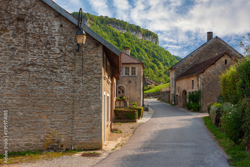 Baume-les-Messieurs (Bom-les-Messieurs or Bom-les-Messieurs) is part of the Association of the most beautiful villages in France. Townscape in Jura, France, Europe.