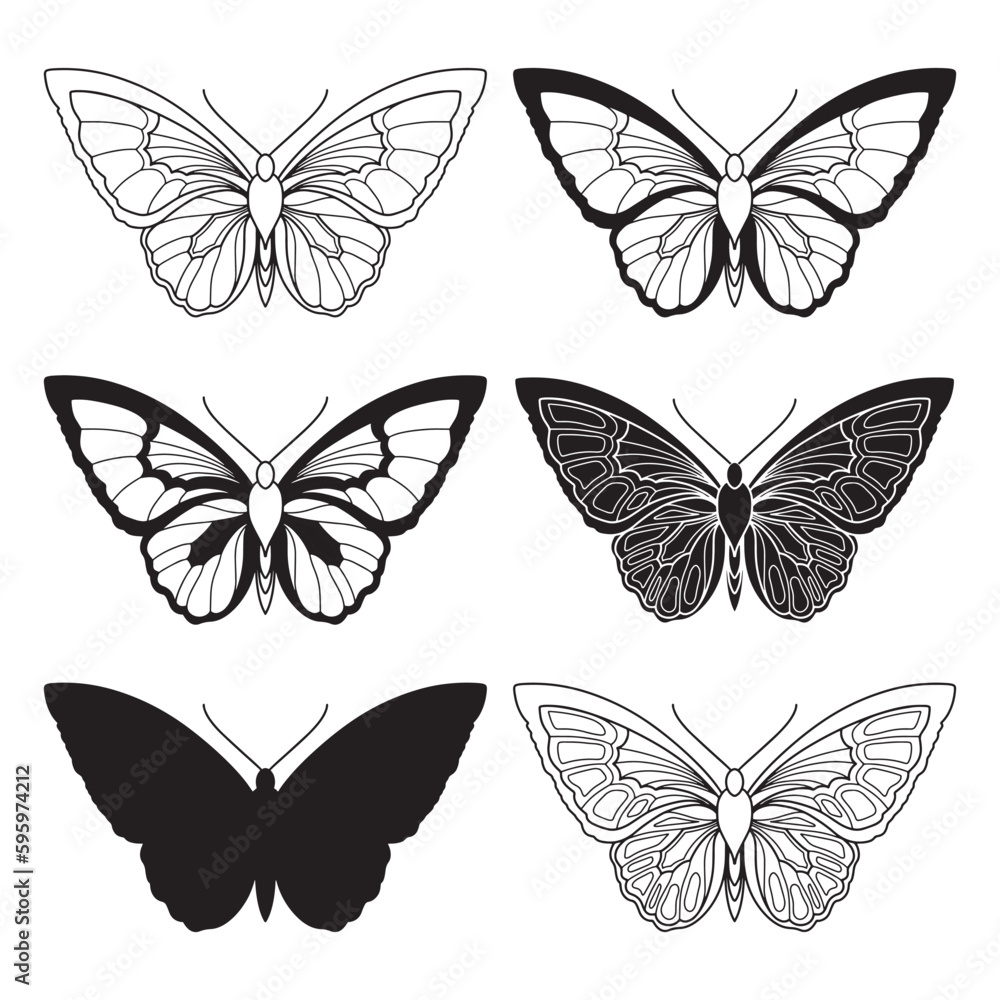 Obraz premium Set of hand drawn butterflies. Otline and silhouette butterflies for posters, frame arts, invitations, greeting cards, etc.