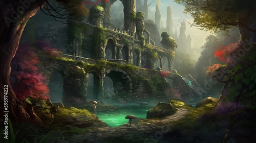 AI Generated Art of "Lost in the Enchanted Forest": a stunning fantasy landscape featuring a dense forest filled with magical creatures and ancient ruins