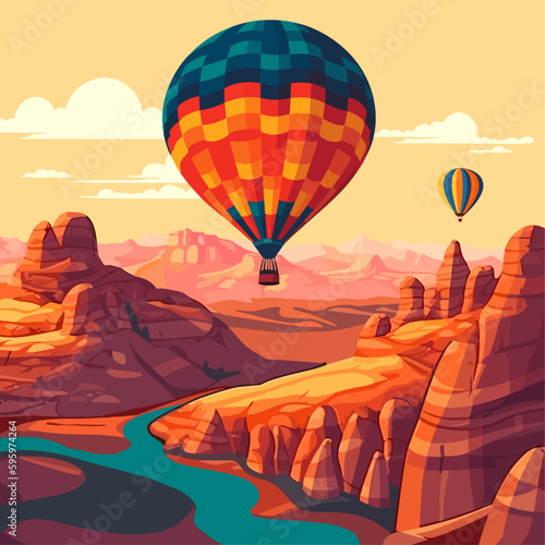 Hot air balloons over Cappadocia rocks landscape. Adventure travel in Turkey concept vector illustration.
