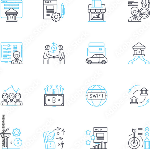 Line graph stocks linear icons set. Trend, Volatility, Fluctuation, Growth, Decline, Progression, Regression line vector and concept signs. Momentum,Resistance,Support outline illustrations