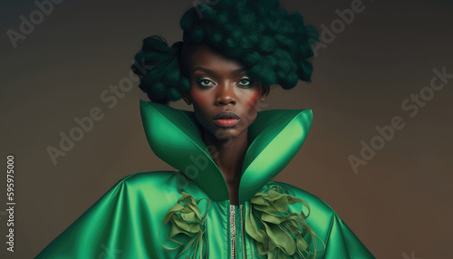 Black woman wearing green high fashion clothing, Generative ai fashion portrait