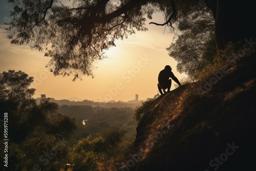 Landscape with monkey silhouette. Generative AI