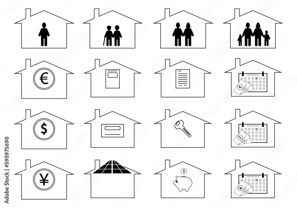 Iconos o símbolos de viviendas utilizados para economía, temas inmobiliarios, de energía, sociales, ahorro, alquiler, precios e hipotecas
