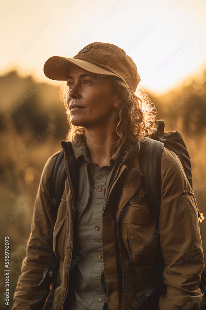 In a rural area, a hiker returns from a nature walk, photographed in a candid shot, during the golden hour, Created with generative Ai Technology. In a rural area, a hiker returns from a nature walk, photographed in a candid shot, during the golden hour, Created with generative Ai Technology.