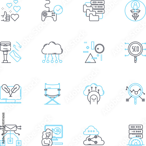 Web promotion linear icons set. SEO, Content, Social, Marketing, Analytics, PPC, Keywords line vector and concept signs. Traffic,Links,Targeting outline illustrations
