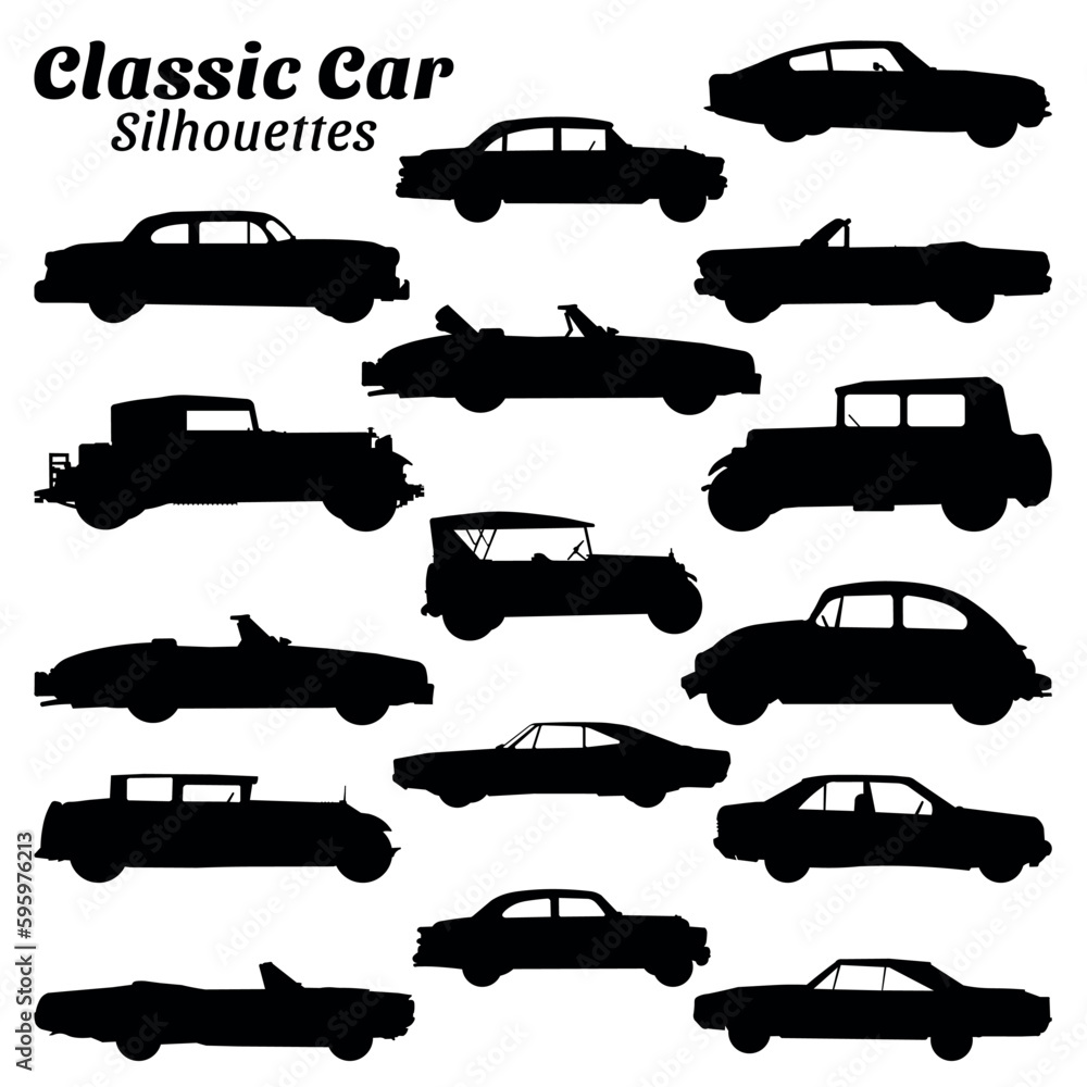 Classic car silhouette vector illustration set.