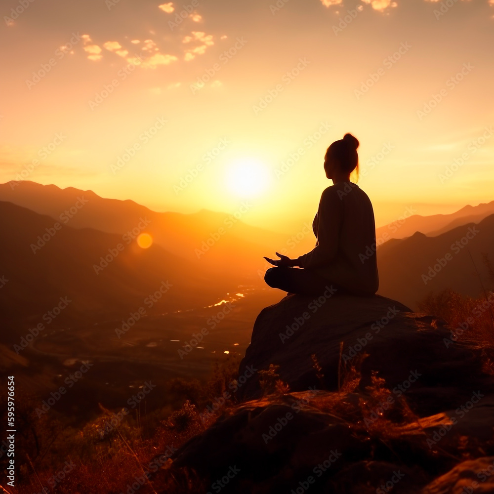 silhouette of old woman practices yoga on mountain with lotus pose i sunset AI illustration. Mountains landscape. Yoga day