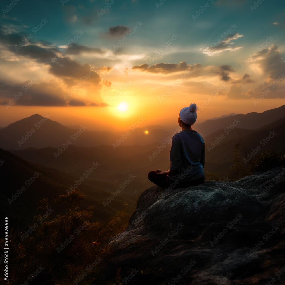 silhouette old woman practices yoga on mountain with lotus pose i sunset AI illustration. Mountains landscape. Yoga day