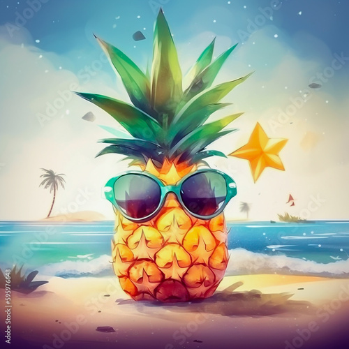 AI illustration of a funny pineapple looking at camera on the beach. Summertime holidays