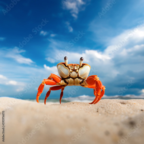AI illustration of a crab looking at camera on the beach with sky and copy space. Summertime holidays © Sheila