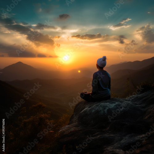 silhouette old woman practices yoga on mountain with lotus pose i sunset AI illustration. Mountains landscape. Yoga day