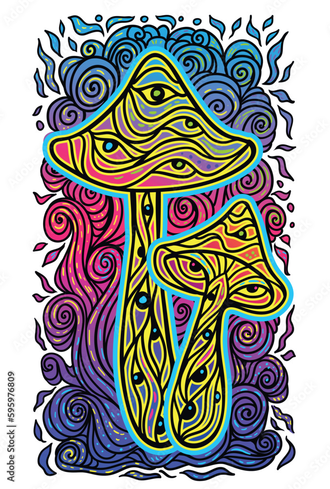 Fototapeta premium Magic Mushrooms. Psychedelic pattern fluorescent, neon