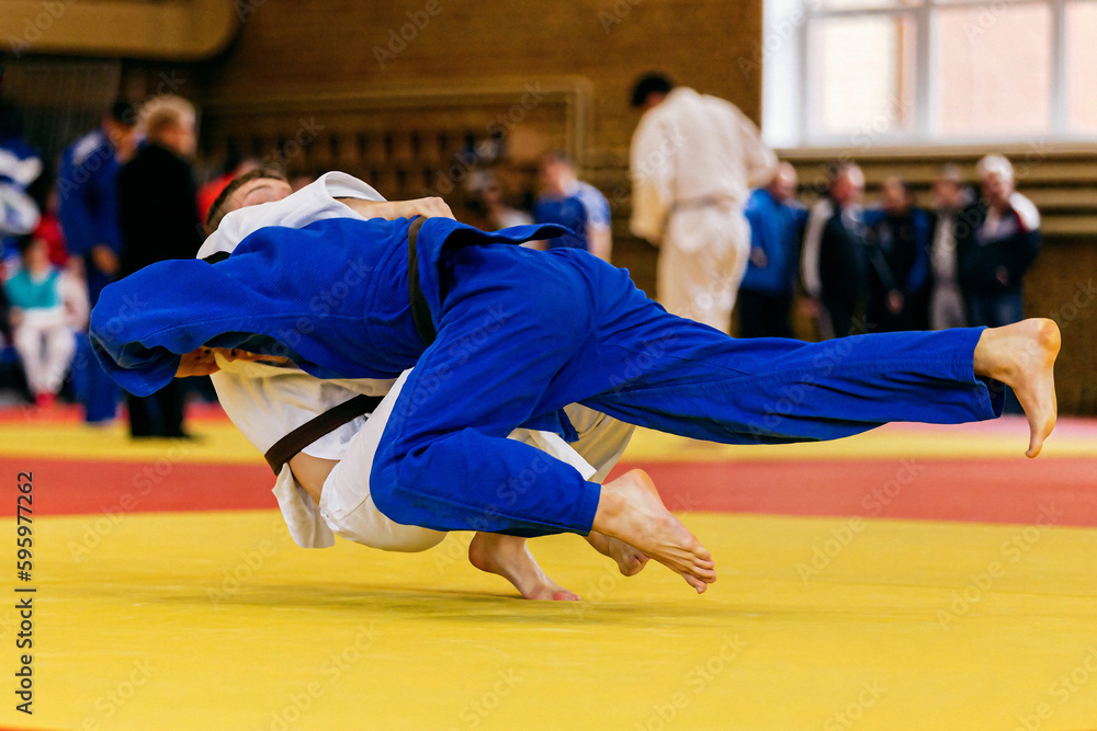 judoka in blue kimono landing back his opponent in white kimono, judo fight championship judoka in blue kimono landing back his opponent in white kimono, judo fight championship