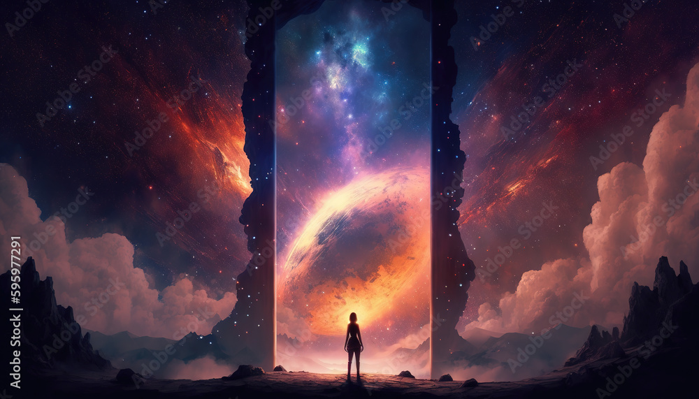 a lonely person standing in front of a giant warp portal in space, scifi impressive artwork, generative ai technology