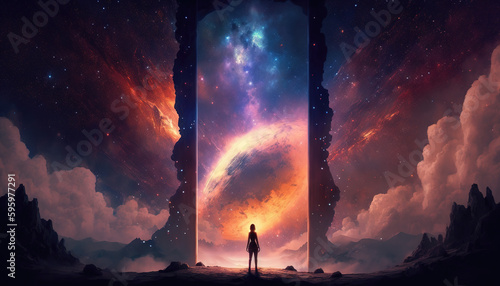 a lonely person standing in front of a giant warp portal in space, scifi impressive artwork, generative ai technology