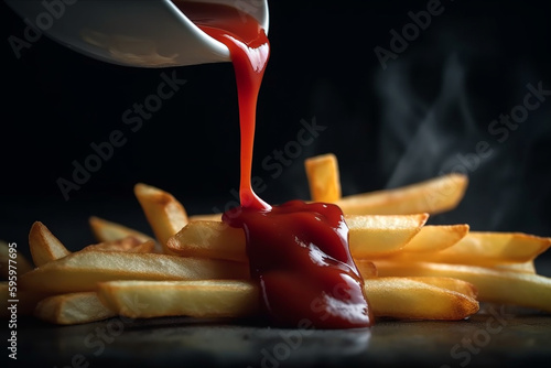 hot and tasty french fries with tomato ketchup isolated on black background. Generative Ai