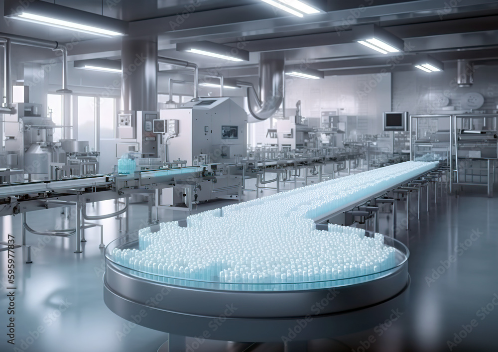In a modern pharmaceutical manufacturing plant, hundreds of small vials are processed on a conveyor belt under bright lighting. High-tech machines and elegant design mean production efficiency. AI In a modern pharmaceutical manufacturing plant, hundreds of small vials are processed on a conveyor belt under bright lighting. High-tech machines and elegant design mean production efficiency. AI