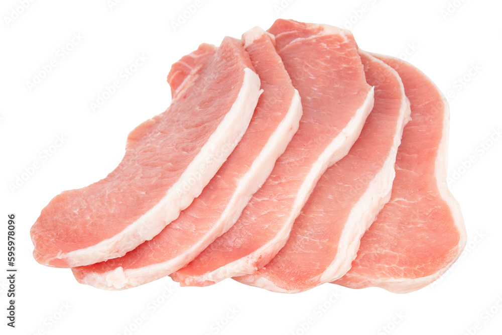 Fresh sliced raw pork meat isolated on white background. Top view. Flat lay Fresh sliced raw pork meat isolated on white background. Top view. Flat lay