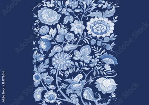 Fantasy flowers in retro, vintage, jacobean embroidery style. Seamless pattern, background. Vector illustration. In blue colors,