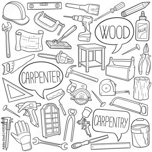 Carpenter Doodle Icons. Hand Made Line Art. Wood Carpentry Clipart Logotype Symbol Design.