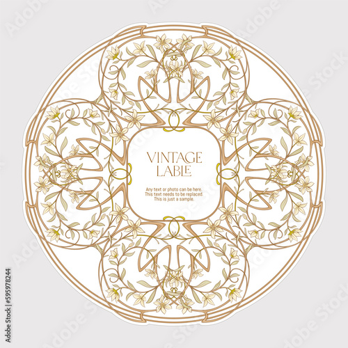 Decorative flowers and leaves in art nouveau style, vintage, old, retro style. Border, frame, template for product label, cosmetic packaging. Easy to edit. Vector illustration. In art nouveau style.