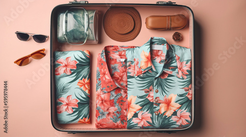 generative ai, top view of a suitcase with vacation clothes, travel, hawaiian shirt, illustration, baggage to the plane, seaside resort tour, sunglasses