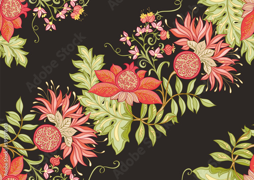Decorative pomegranate fruits and flowers in art nouveau style, vintage, old, retro style. Seamless pattern, background. Vector illustration.
