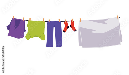Clean clothes hanging out on washing line, flat vector illustration isolated.