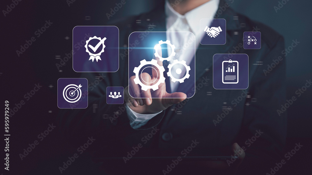 Operation management Business process control optimisation industrial technology and workflow concept. High performance, Problem solving, quality control. Hand touch gears icons .. Operation management Business process control optimisation industrial technology and workflow concept. High performance, Problem solving, quality control. Hand touch gears icons ..