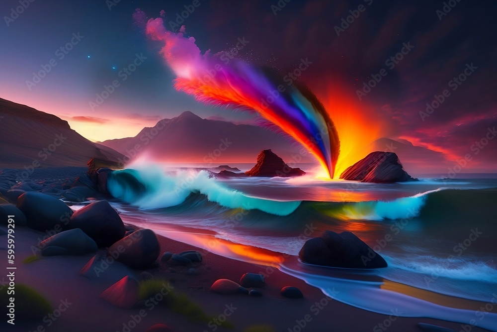 artistic impression of fiery waves on the sea shore