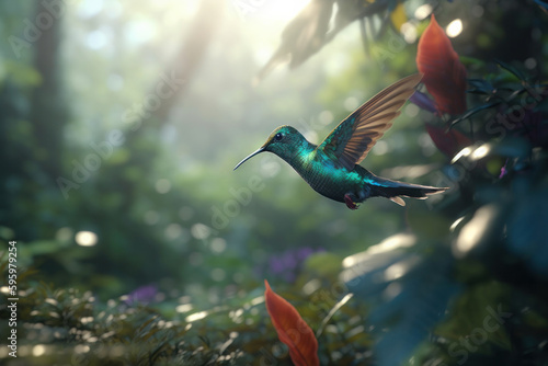 Flying hummingbird with colorful feathers in a natural garden habitat, surrounded by flora and fauna in Costa Rica. AI Generative.