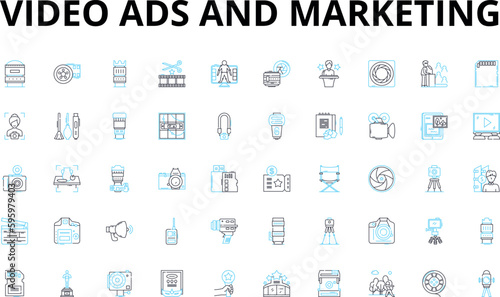 Video ads and marketing linear icons set. Engagement, Conversion, Creativity, Branding, Analytics, Optimization, Reach vector symbols and line concept signs. Attention,Storytelling,Targeting