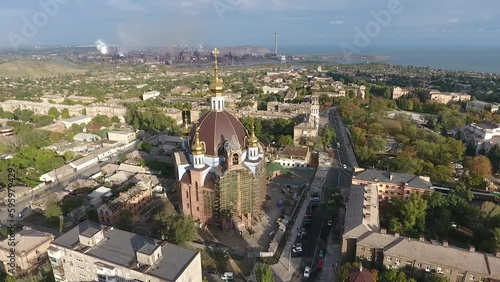 Central church Azovsteel and Panorama of Mariupol from above before the war in 2018 Generative AI
