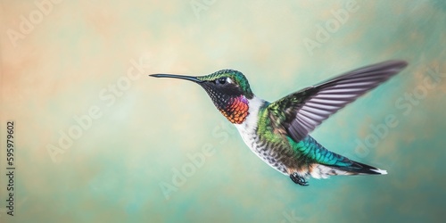 A hummingbird frozen mid-flight, contrasting its rapid wingbeats against a serene, pastel canvas, concept of Motionlessness, created with Generative AI technology