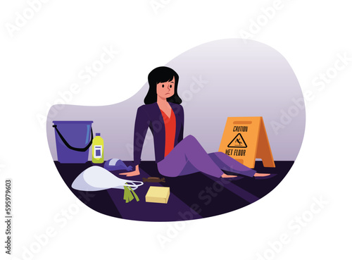 Upset fallen woman sitting on floor flat style, vector illustration