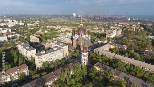 Central church Azovsteel and Panorama of Mariupol from above before the war in 2018 Generative AI