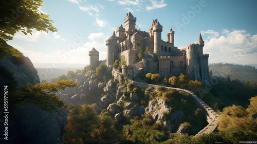 Majestic castle perched on a rocky outcrop - Generative AI  AI generated
