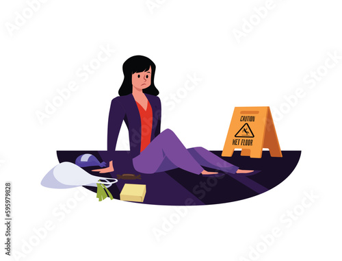 Sad fallen woman sitting on floor flat style, vector illustration