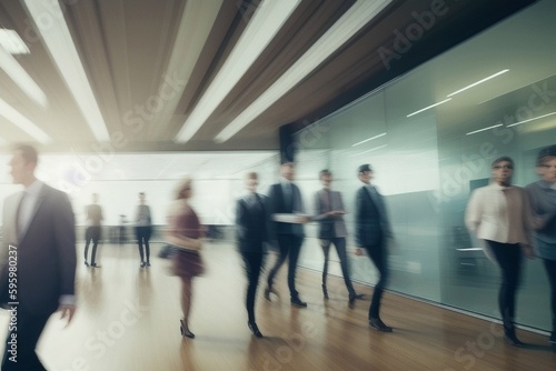 Group of business people walking at modern open space, generative ai, busy people crowd