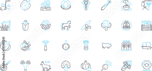 Cultivation field linear icons set. Harvesting, Irrigation, Fertilization, Tilling, Planting, Pruning, Sowing line vector and concept signs. Cultivating,Grafting,Mulching outline illustrations